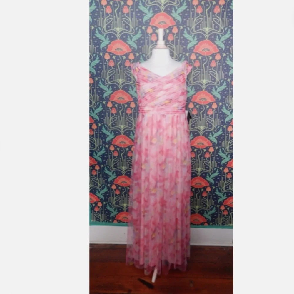 Adrianna Papell Pink Sweetpea Off The Shoulder Tulle Gown Formal Dress Nwt 12 - Picture 5 of 9